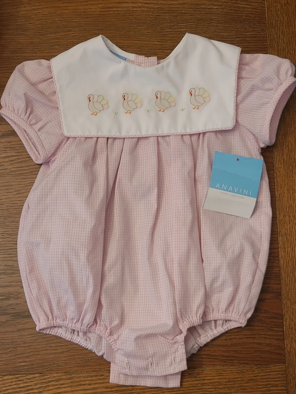 Anavini Pink Thanksgiving Gingham Bubble Romper with Embroidered Turkeys